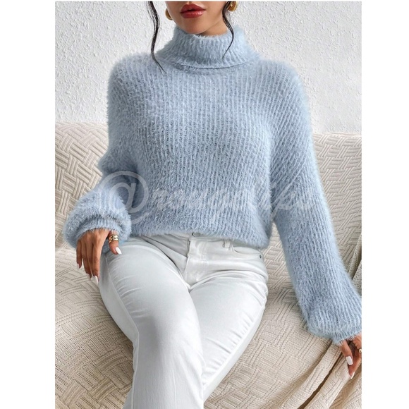 Light Blue Soft Fuzzy Turtleneck Pullover Sweater Long Sleeve - Picture 5 of 9